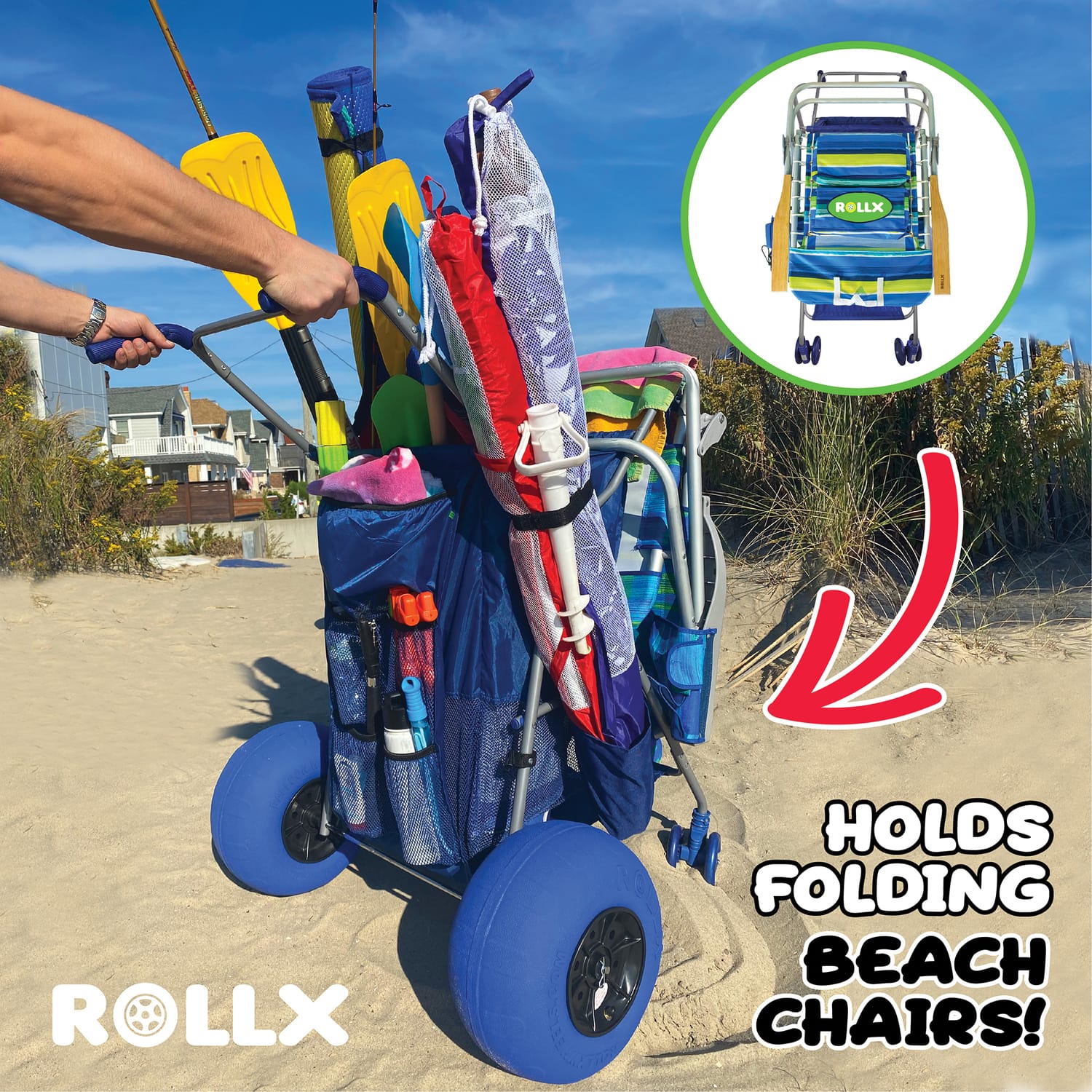 Rollx Foldable Beach Cart Storage Wagon with Big Balloon Wheels, Blue