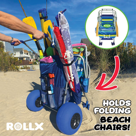 Rollx Foldable Beach Cart Storage Wagon with Big Balloon Wheels, Blue