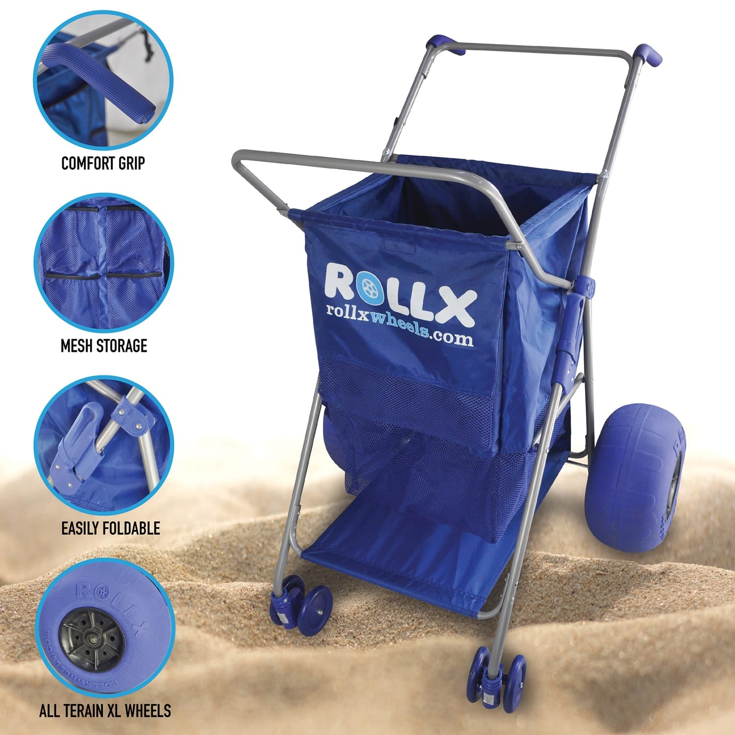 Rollx Foldable Beach Cart Storage Wagon with Big Balloon Wheels, Blue