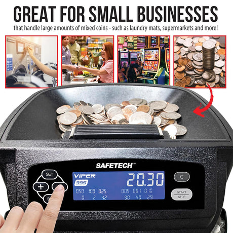 SafeTech Viper V395 Coin Counter, Sorter, and Wrapper, with 48 Preformed Wrappers and Dust Cover