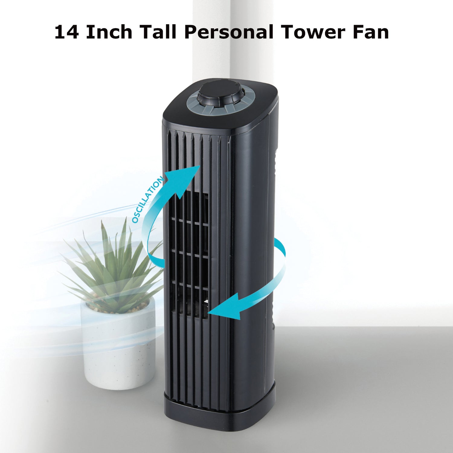 Optimus 14-In. Portable Oscillating Ultra-Slim Desktop Mini Tower Fan with 3 Speeds, 550 CFM, 70° Oscillation, 50 Watts, 72-In. Cord, Black