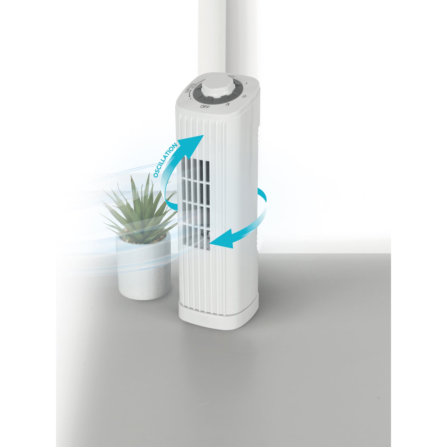 Optimus 14-In. Portable Oscillating Ultra-Slim Desktop Mini Tower Fan with 3 Speeds, 550 CFM, 70° Oscillation, 50 Watts, 72-In. Cord, White