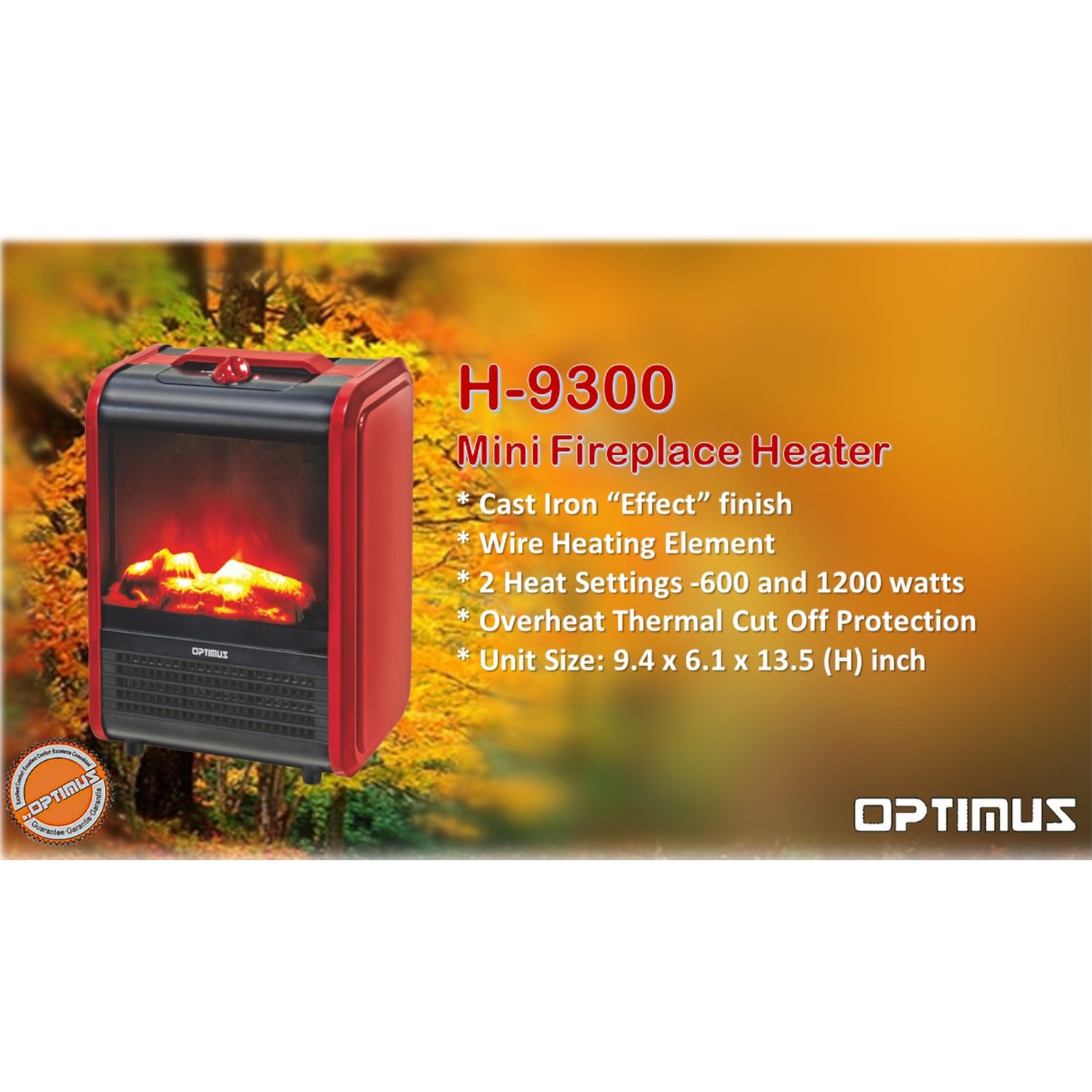 Optimus 1200-Watt-Max Mini Electric Flame-Effect Fireplace Heater, H-9300, Red