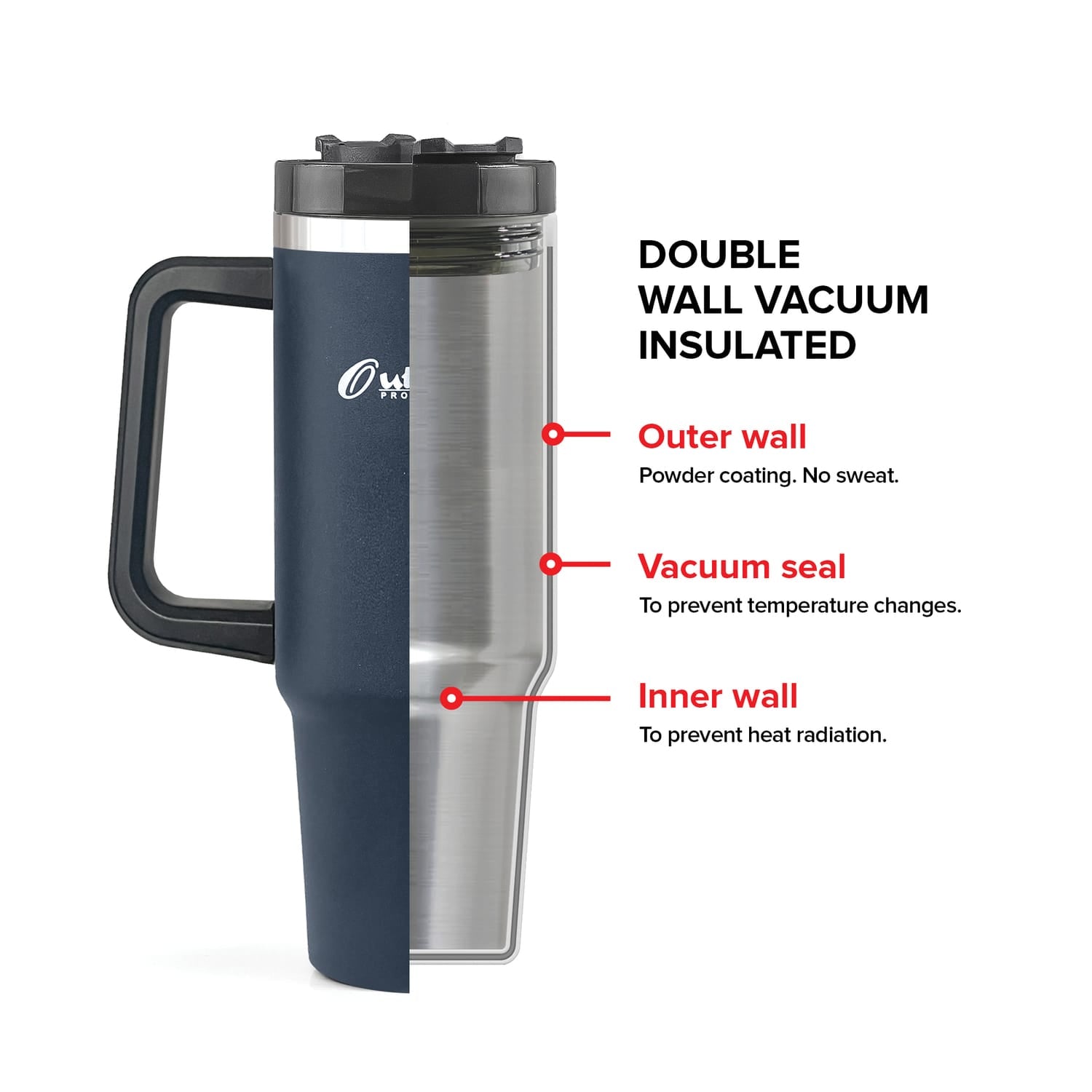 Outdoors Professional 40-Oz. Stainless Steel Double-Walled Insulated Tumbler with Straw, Navy Blue