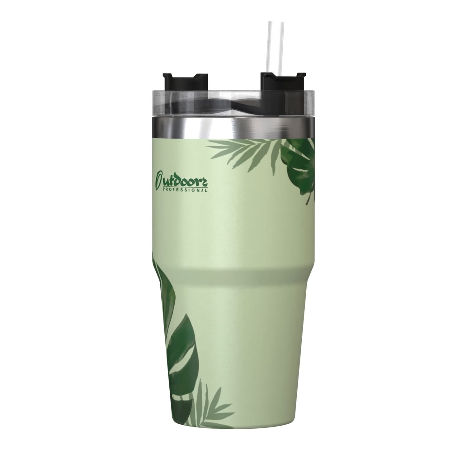 Outdoors Professional 20-Oz. Stainless Steel Double-Walled Insulated Tumbler with Straw, Tropical Green
