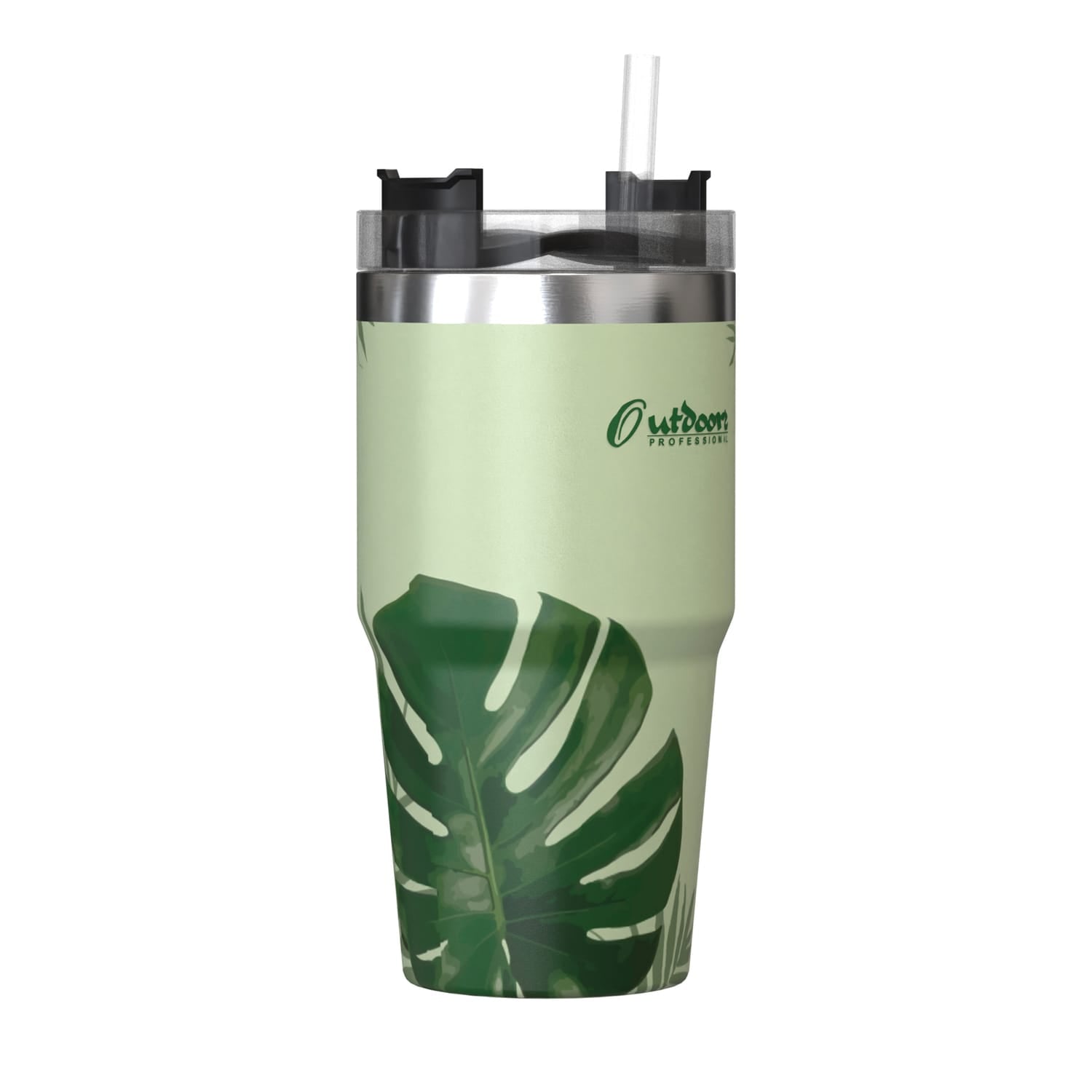 Outdoors Professional 20-Oz. Stainless Steel Double-Walled Insulated Tumbler with Straw, Tropical Green