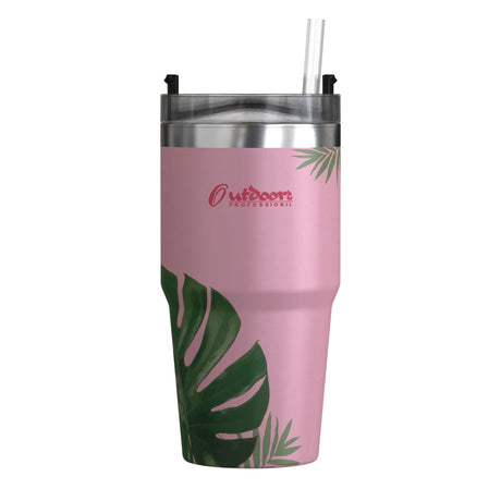 Outdoors Professional 20-Oz. Stainless Steel Double-Walled Insulated Tumbler with Straw, Tropical Pink
