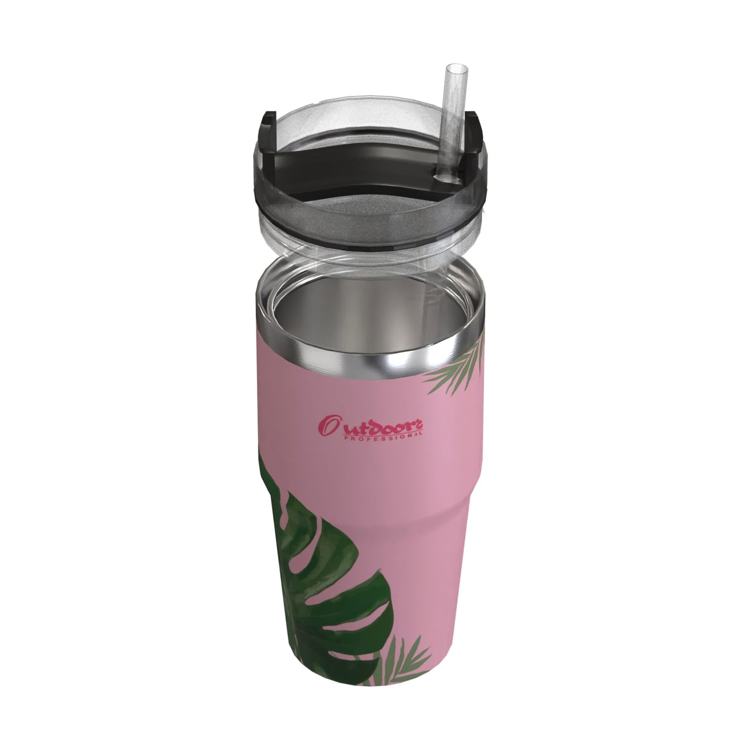 Outdoors Professional 20-Oz. Stainless Steel Double-Walled Insulated Tumbler with Straw, Tropical Pink