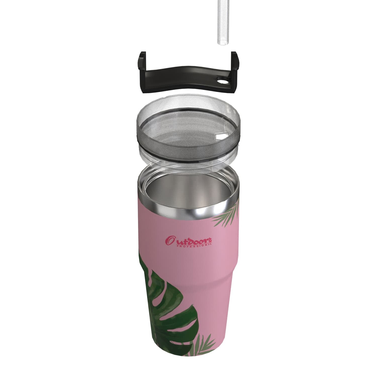 Outdoors Professional 20-Oz. Stainless Steel Double-Walled Insulated Tumbler with Straw, Tropical Pink