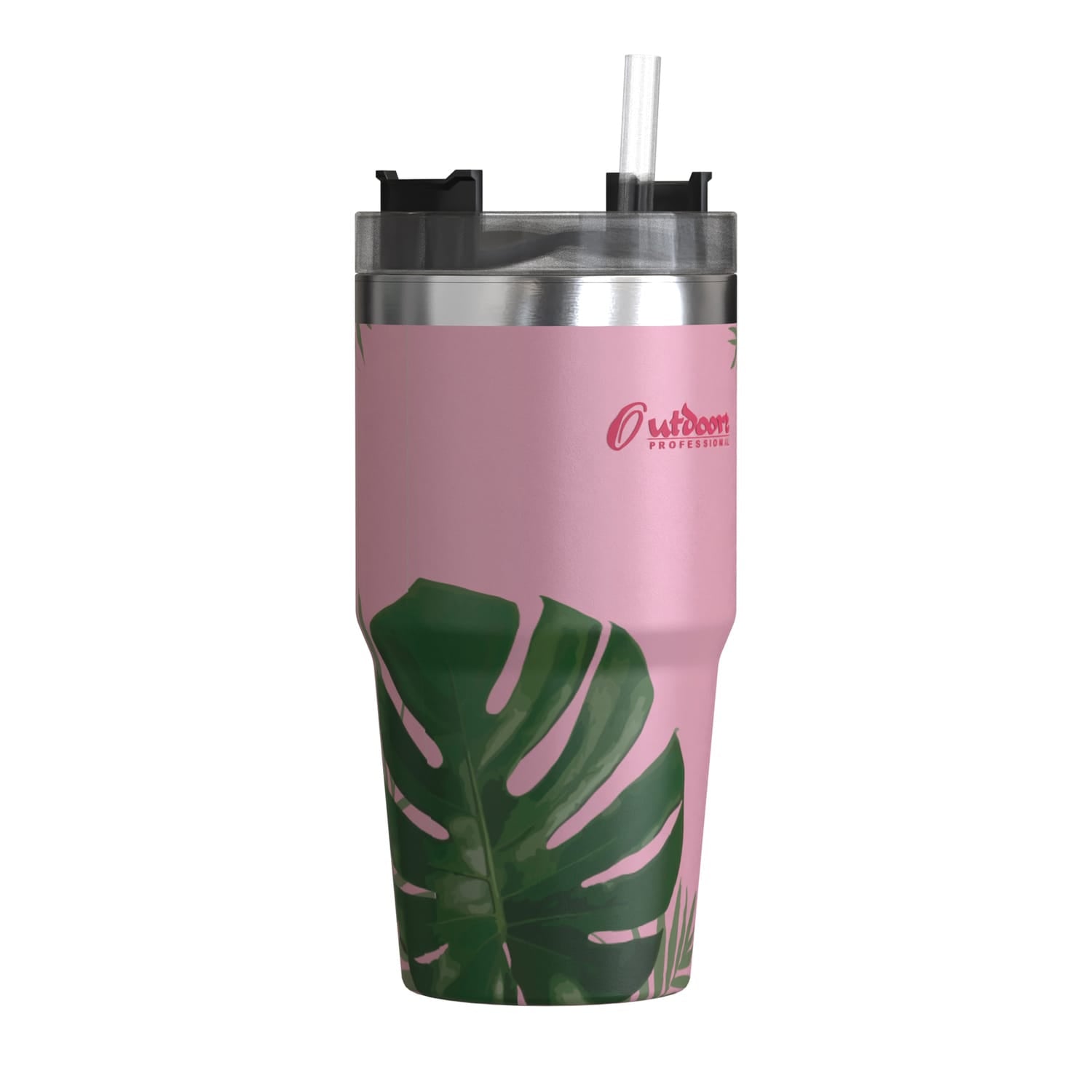 Outdoors Professional 20-Oz. Stainless Steel Double-Walled Insulated Tumbler with Straw, Tropical Pink