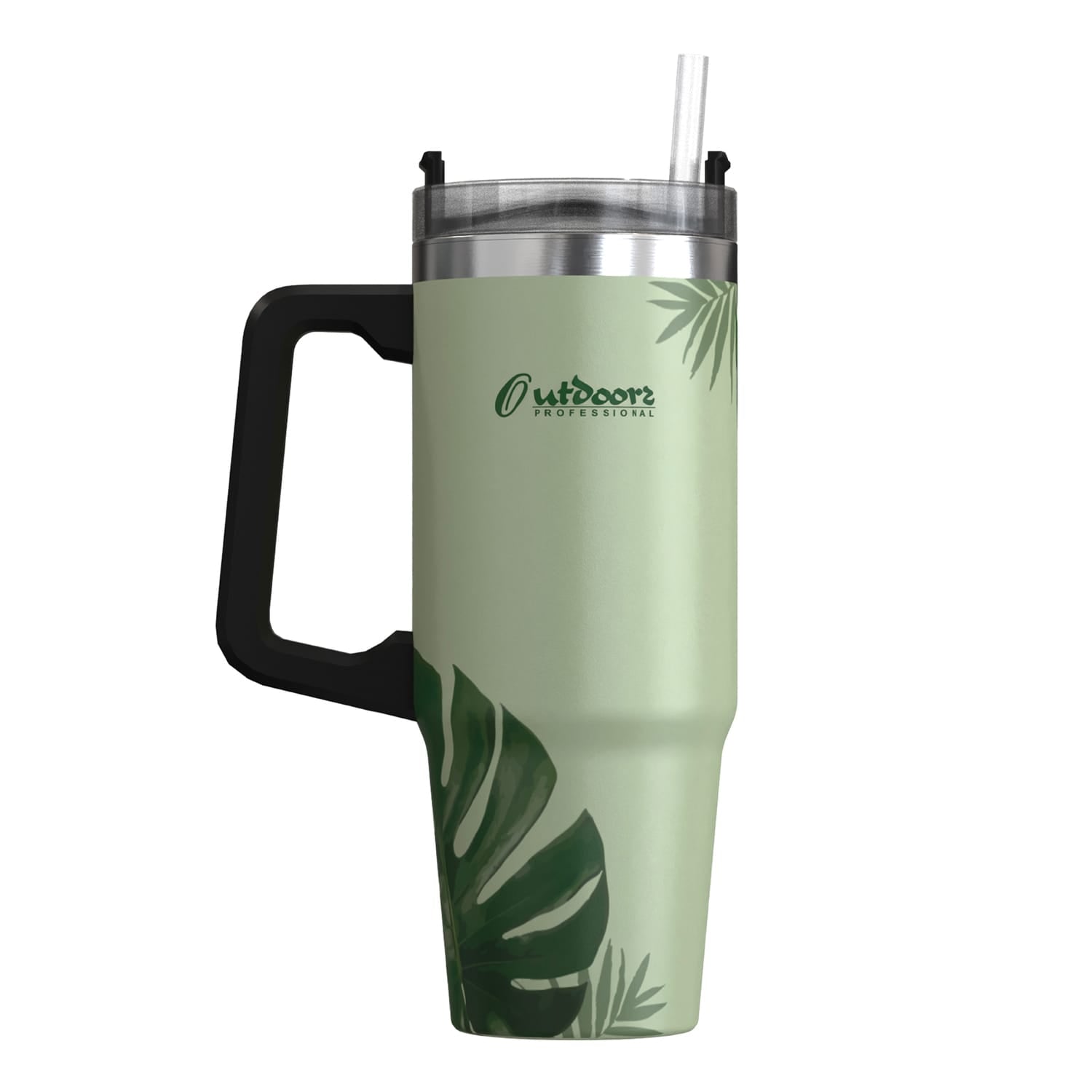 Outdoors Professional 30-Oz. Stainless Steel Double-Walled Insulated Tumbler with Straw, Tropical Green