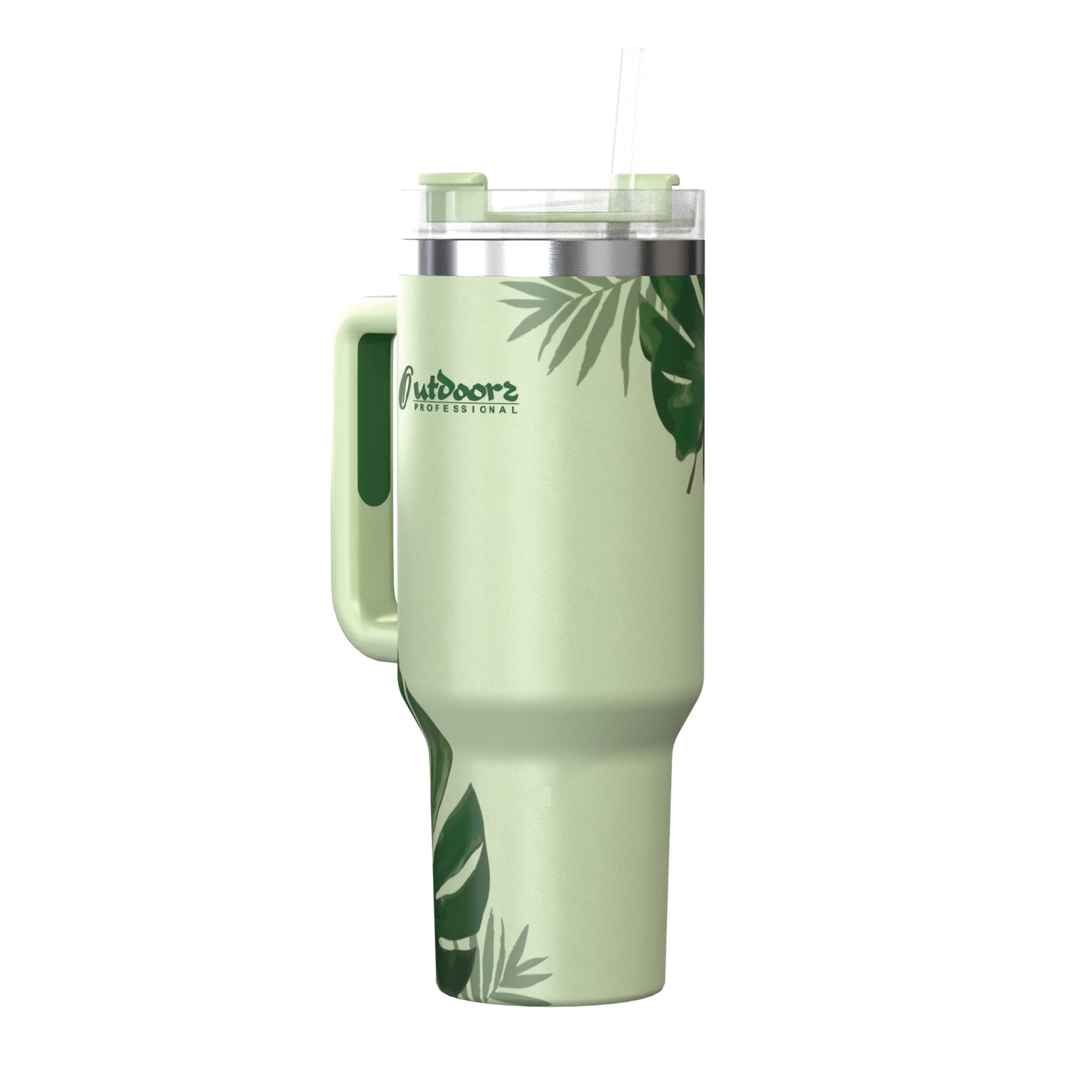 Outdoors Professional 40-Oz. Stainless Steel Double-Walled Insulated Tumbler with Straw, Tropical Green