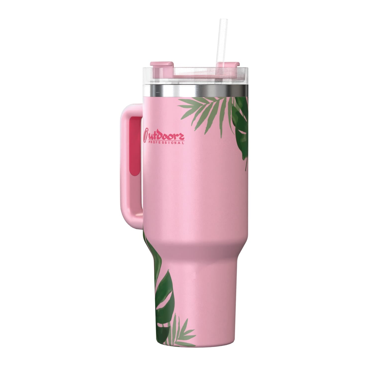 Outdoors Professional 40-Oz. Stainless Steel Double-Walled Insulated Tumbler with Straw, Tropical Pink