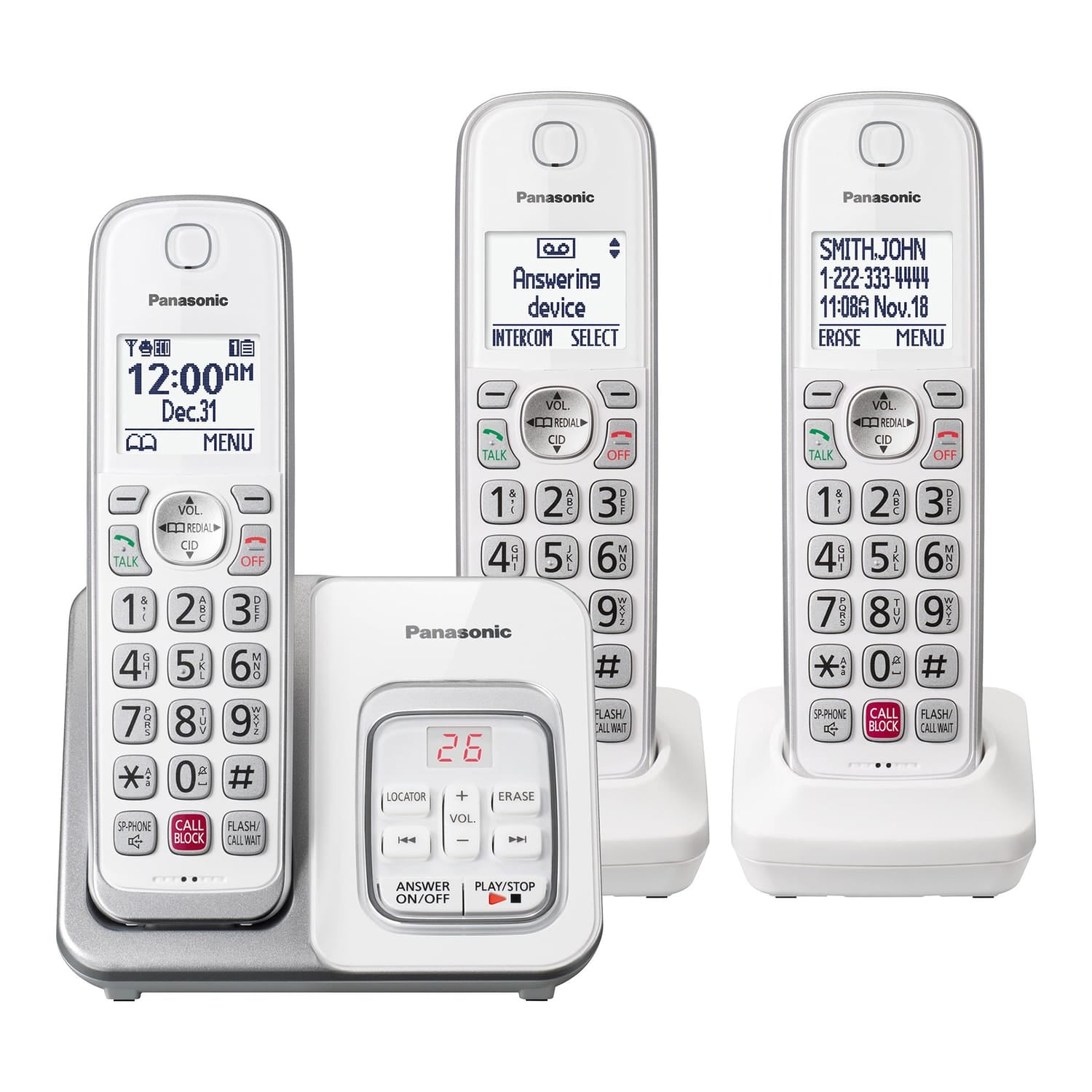 Panasonic Expandable Cordless Phone System for Landline, Digital Answering System, Caller ID, Call Blocker, and Large Buttons, 3 Handset