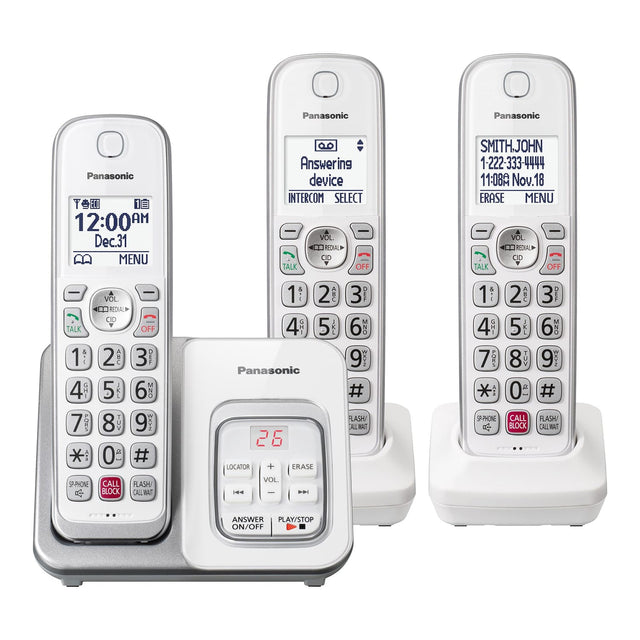 Panasonic Expandable Cordless Phone System for Landline, Digital Answering System, Caller ID, Call Blocker, and Large Buttons, 3 Handset