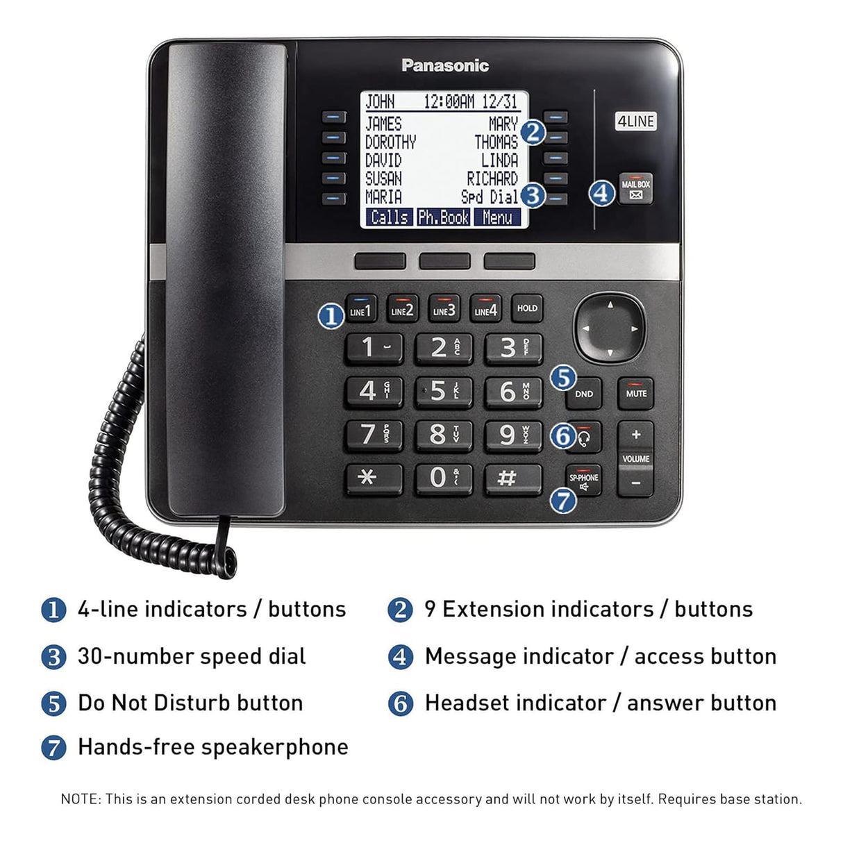 Panasonic Corded-Handset DECT 6.0 Cordless Office Phone Extension for KX-TGW420B 4-Line Office Phone Base Station, Black, KX-TGWA40B