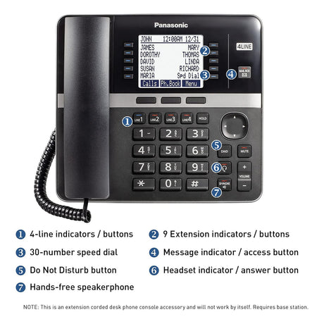 Panasonic Corded-Handset DECT 6.0 Cordless Office Phone Extension for KX-TGW420B 4-Line Office Phone Base Station, Black, KX-TGWA40B