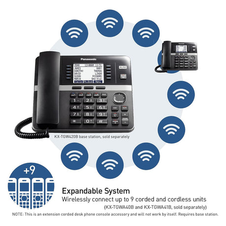 Panasonic Corded-Handset DECT 6.0 Cordless Office Phone Extension for KX-TGW420B 4-Line Office Phone Base Station, Black, KX-TGWA40B