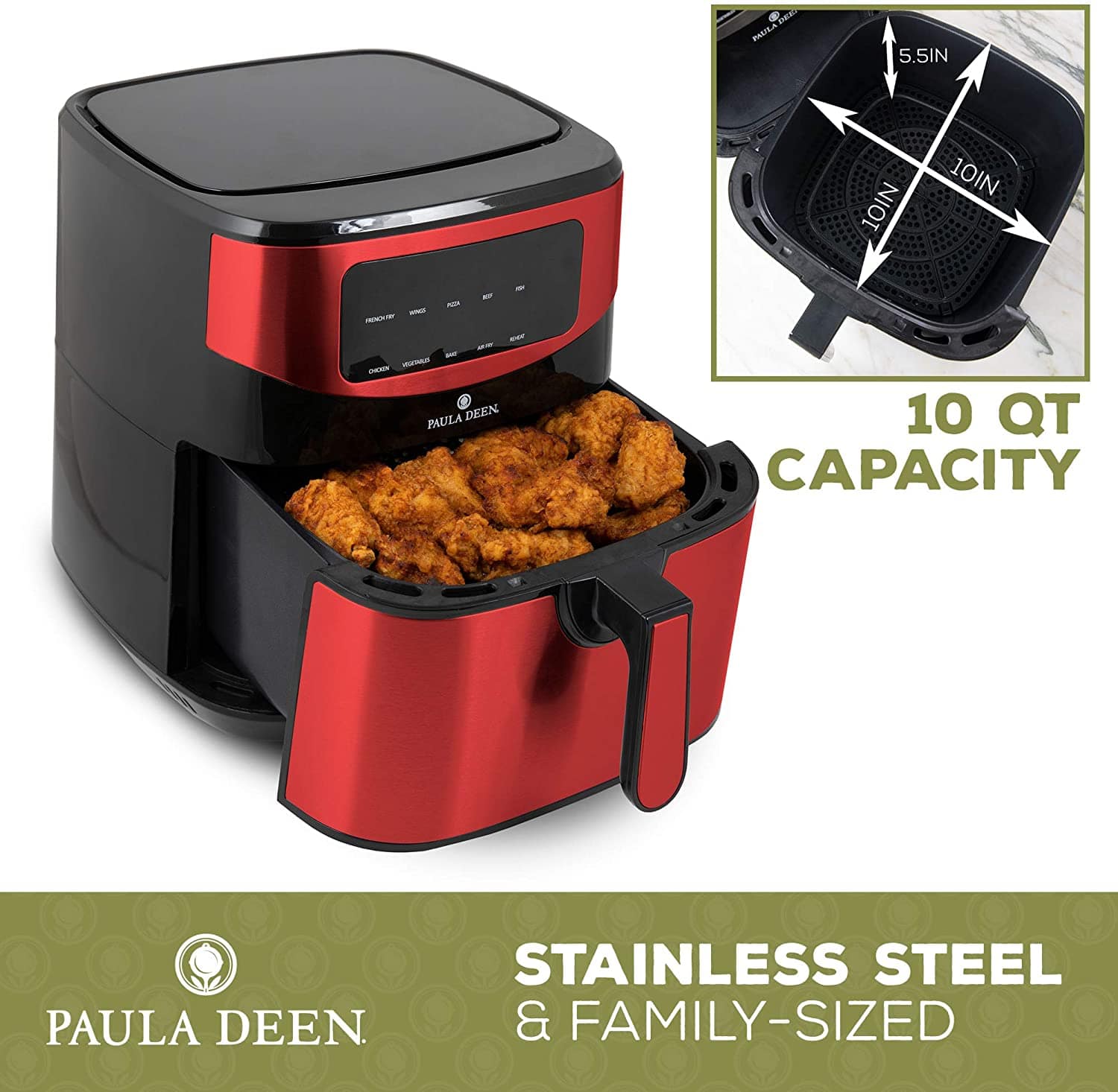 Paula Deen Stainless Steel 10 QT 1700 Watts Digital LED Display Air Fryer, Red Stainless