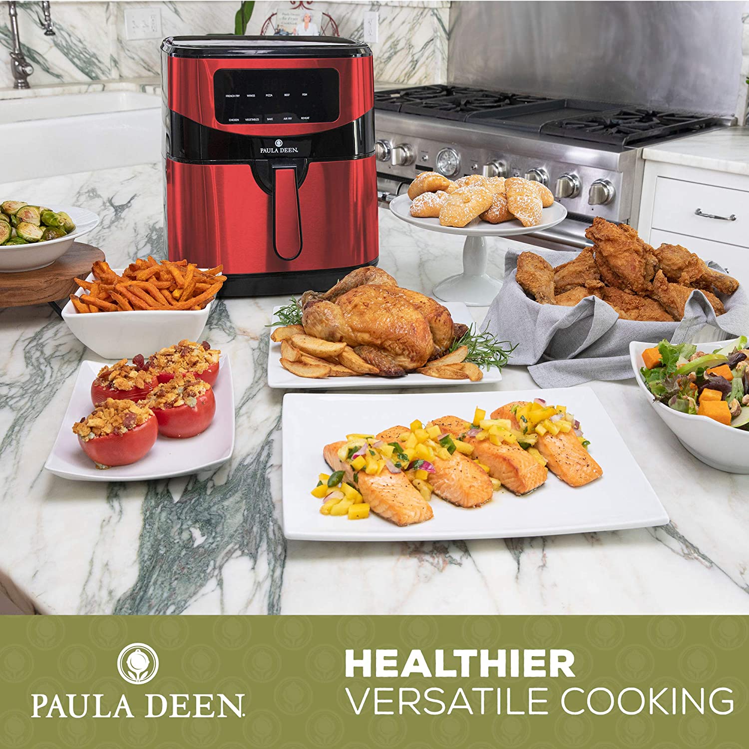 Paula Deen Stainless Steel 10 QT 1700 Watts Digital LED Display Air Fryer, Red Stainless