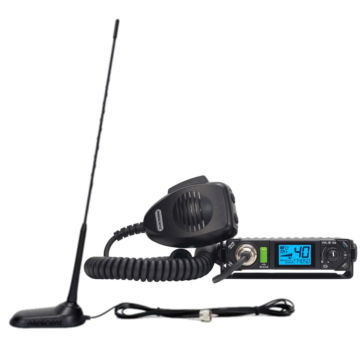 President CB Radio Premium Compact Kit with BILL III FCC 40-Channel AM/FM/Alert CB Radio with P-Channels, Mic, and Virginia Fixed-Magnet-Mount Antenna