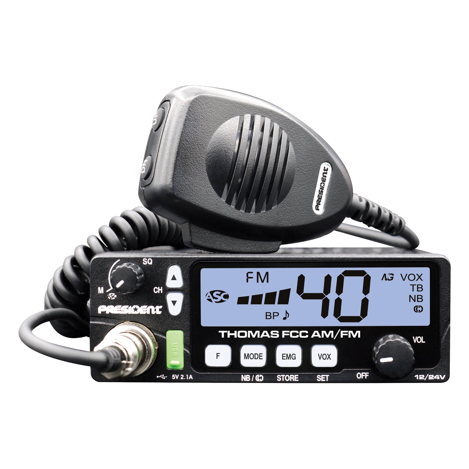 President TXUS093 THOMAS FCC 40-Channel CB Radio with AM/FM/PA Modes, 12-Volt/24-Volt, Large Screen, VOX, Auto Squelch, ASC, ANL, NB, USB, Mic