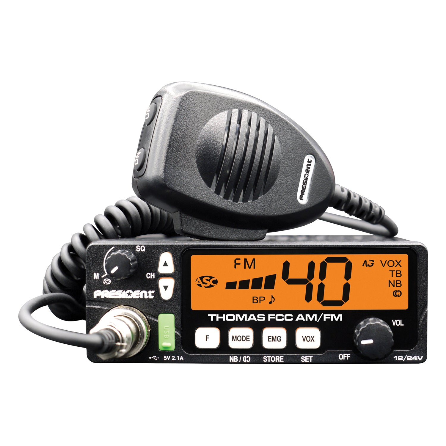 President TXUS093 THOMAS FCC 40-Channel CB Radio with AM/FM/PA Modes, 12-Volt/24-Volt, Large Screen, VOX, Auto Squelch, ASC, ANL, NB, USB, Mic