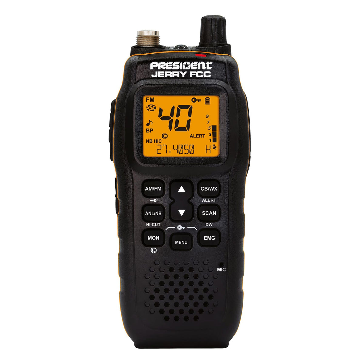 President Jerry FCC Handheld Ultra-Compact CB Radio with 40 Channels, AM/FM/PA, Weather Alert, Emergency Channel, Scan, Flexible Antenna, Car Charger