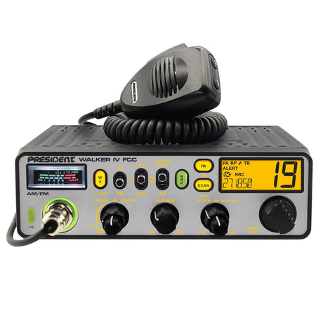 President Walker IV FCC 40-Channel Professional CB Radio with AM/FM/PA, 12 Volts, NOAA Alerts, OEM Truck Size, P-Channels, Glow Mode, USB-C, Mic