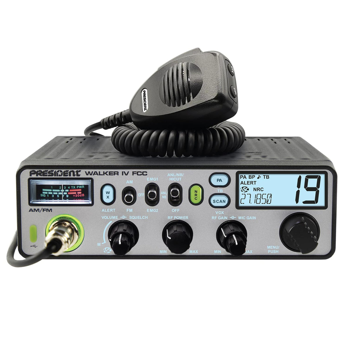 President Walker IV FCC 40-Channel Professional CB Radio with AM/FM/PA, 12 Volts, NOAA Alerts, OEM Truck Size, P-Channels, Glow Mode, USB-C, Mic