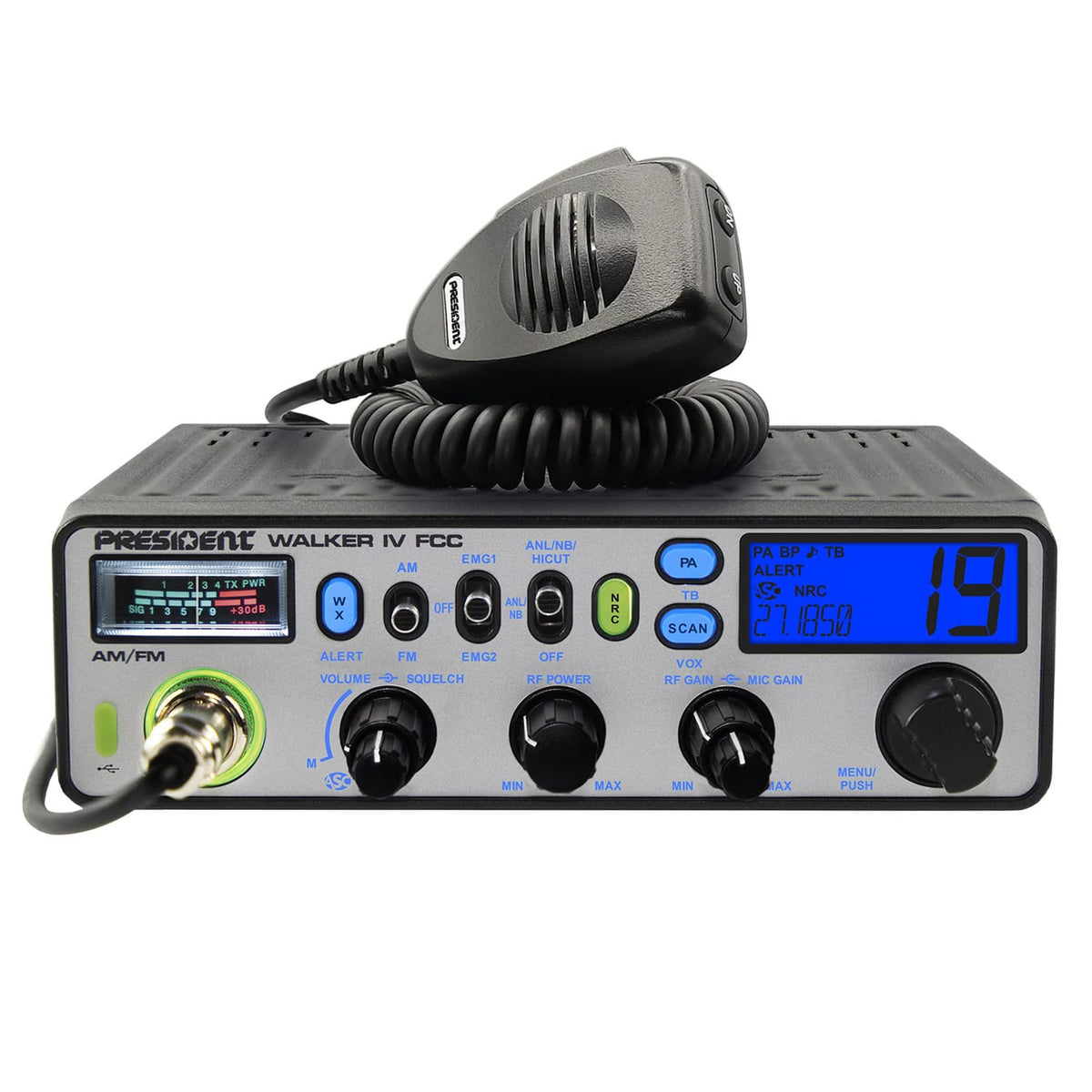 President Walker IV FCC 40-Channel Professional CB Radio with AM/FM/PA, 12 Volts, NOAA Alerts, OEM Truck Size, P-Channels, Glow Mode, USB-C, Mic
