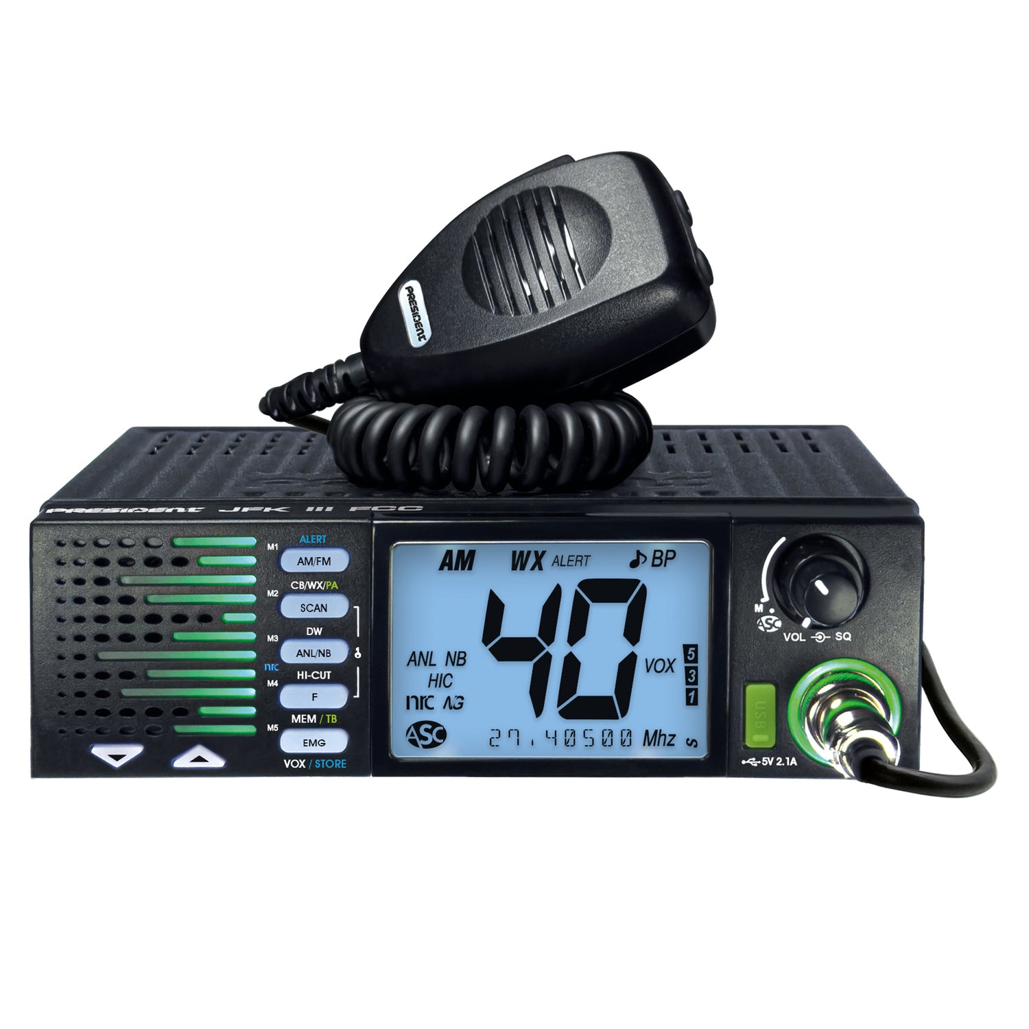 President TXUS910 JFK III FCC 40-Channel Trucker CB Radio with AM/FM/PA Modes, NOAA Alerts Front-Firing Flashing RX/TX Speaker, Scan Skip, USB, Mic