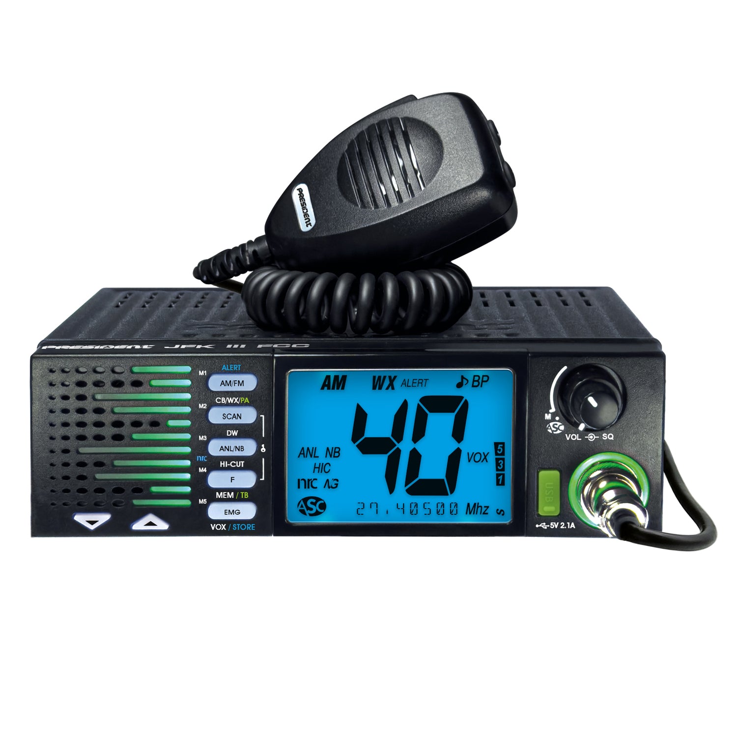 President TXUS910 JFK III FCC 40-Channel Trucker CB Radio with AM/FM/PA Modes, NOAA Alerts Front-Firing Flashing RX/TX Speaker, Scan Skip, USB, Mic