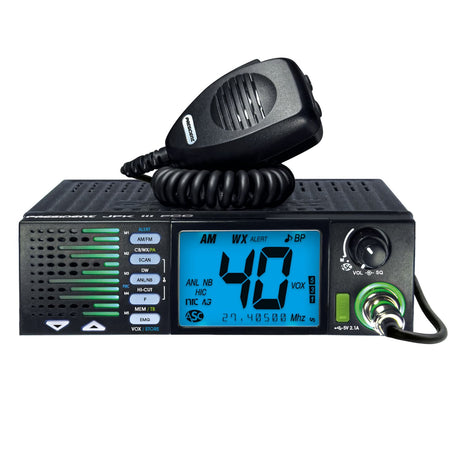 President TXUS910 JFK III FCC 40-Channel Trucker CB Radio with AM/FM/PA Modes, NOAA Alerts Front-Firing Flashing RX/TX Speaker, Scan Skip, USB, Mic