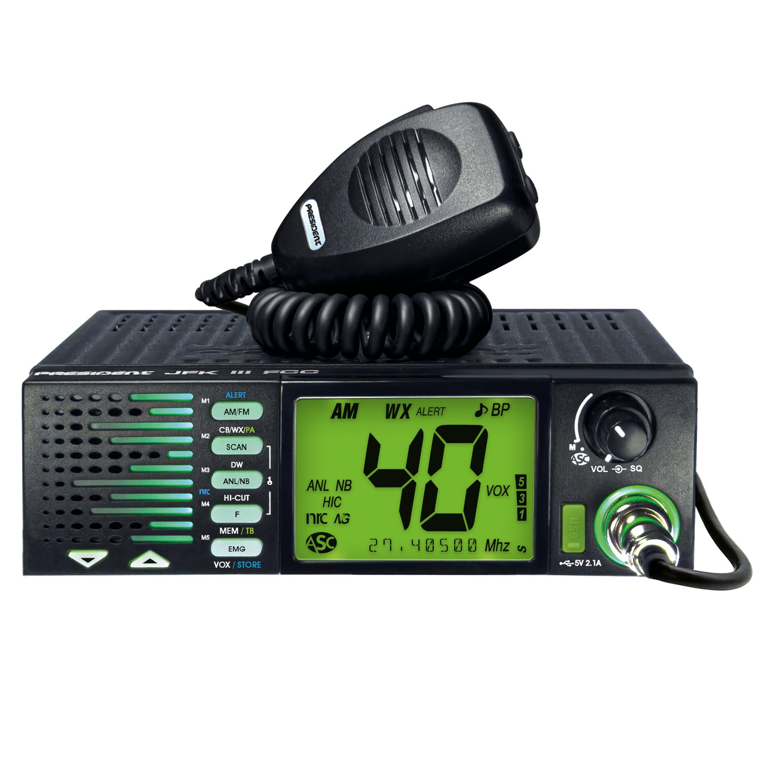 President TXUS910 JFK III FCC 40-Channel Trucker CB Radio with AM/FM/PA Modes, NOAA Alerts Front-Firing Flashing RX/TX Speaker, Scan Skip, USB, Mic