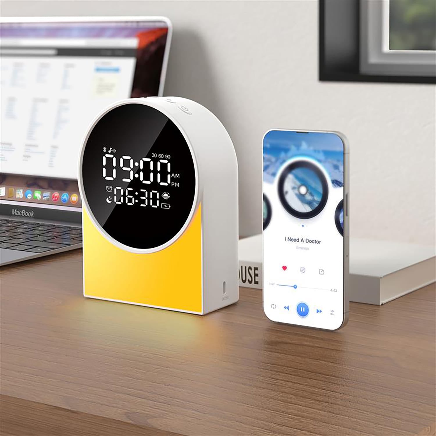 Priority Products Rechargeable Digital FM Radio Alarm Clock with Bluetooth Speaker, LED Night-Light, and Sound Machine, SM12, White