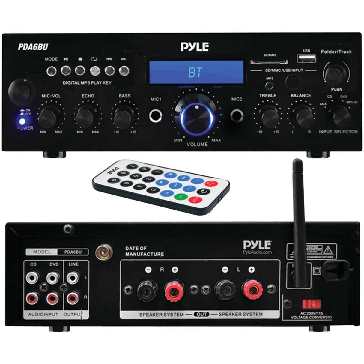 Pyle 2.0-Channel 200-Watt-Max Bluetooth Compact Stereo Amplifier/Receiver with 2 Mic Inputs, FM Radio, USB, microSD, and Remote, PDA6BU