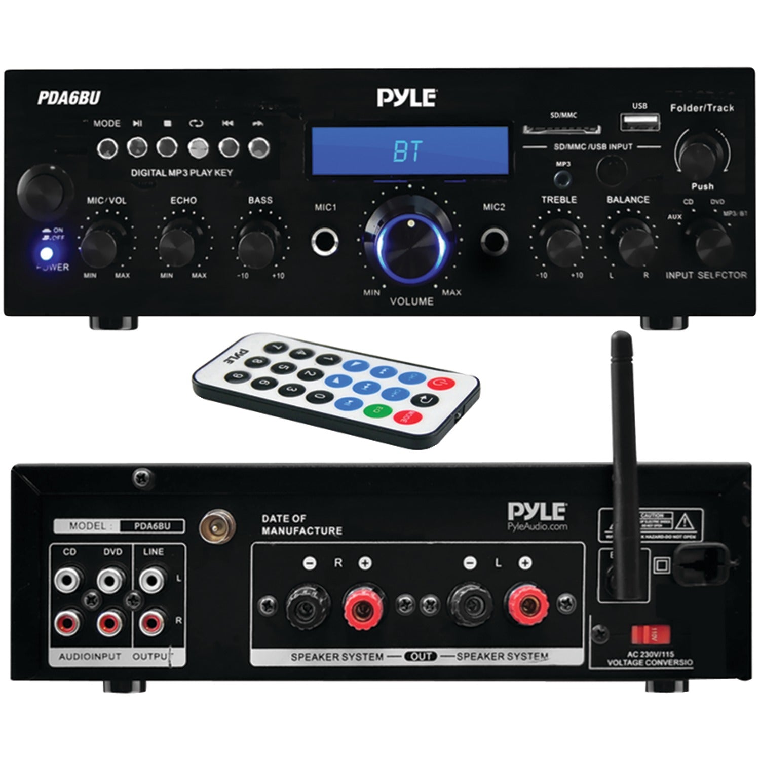 Pyle 2.0-Channel 200-Watt-Max Bluetooth Compact Stereo Amplifier/Receiver with 2 Mic Inputs, FM Radio, USB, microSD, and Remote, PDA6BU