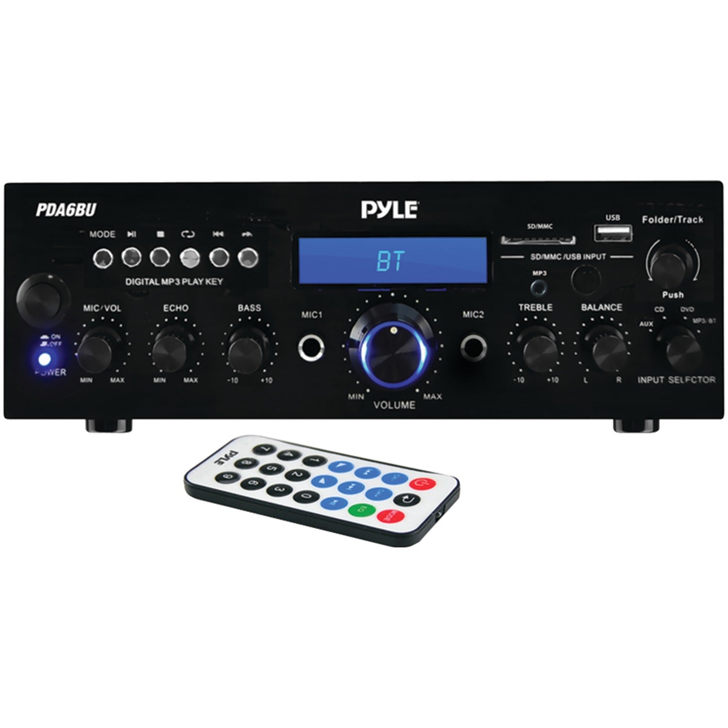Pyle 2.0-Channel 200-Watt-Max Bluetooth Compact Stereo Amplifier/Receiver with 2 Mic Inputs, FM Radio, USB, microSD, and Remote, PDA6BU