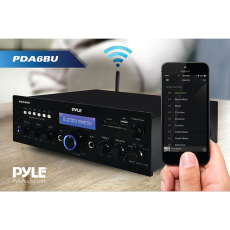 Pyle 2.0-Channel 200-Watt-Max Bluetooth Compact Stereo Amplifier/Receiver with 2 Mic Inputs, FM Radio, USB, microSD, and Remote, PDA6BU