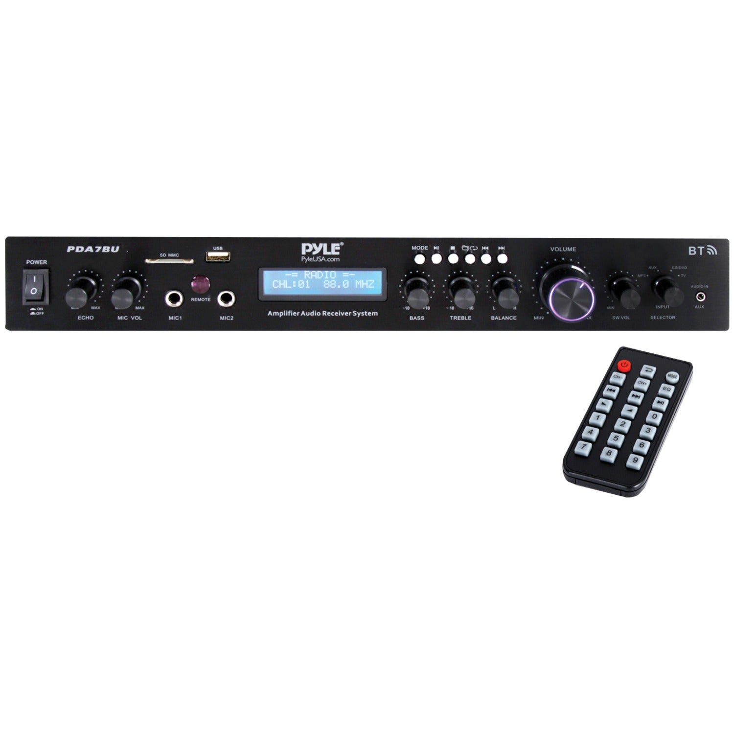 Pyle 2.1-Channel 200-Watt-Max Bluetooth Stereo Amplifier/Receiver with 2 Mic Inputs, FM Radio, USB, microSD, and Remote, PDA7BU