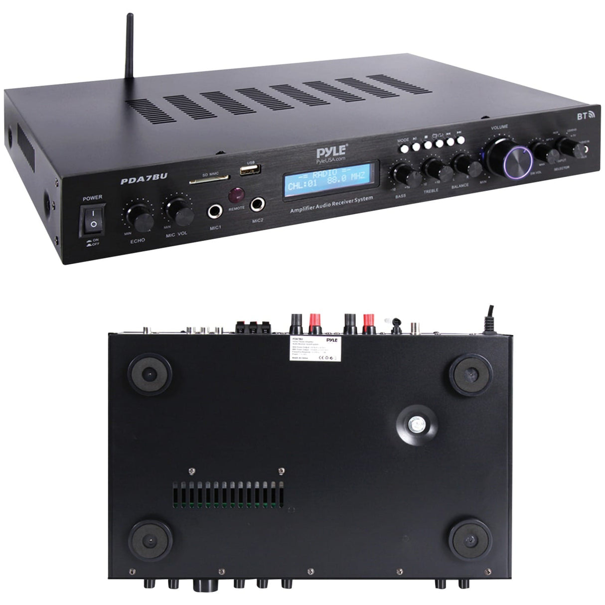 Pyle 2.1-Channel 200-Watt-Max Bluetooth Stereo Amplifier/Receiver with 2 Mic Inputs, FM Radio, USB, microSD, and Remote, PDA7BU