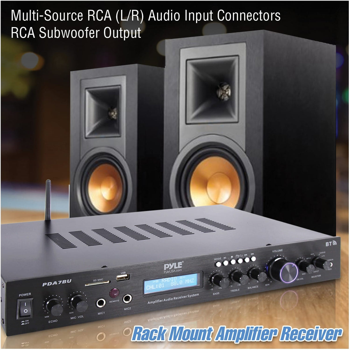 Pyle 2.1-Channel 200-Watt-Max Bluetooth Stereo Amplifier/Receiver with 2 Mic Inputs, FM Radio, USB, microSD, and Remote, PDA7BU