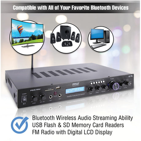 Pyle 2.1-Channel 200-Watt-Max Bluetooth Stereo Amplifier/Receiver with 2 Mic Inputs, FM Radio, USB, microSD, and Remote, PDA7BU