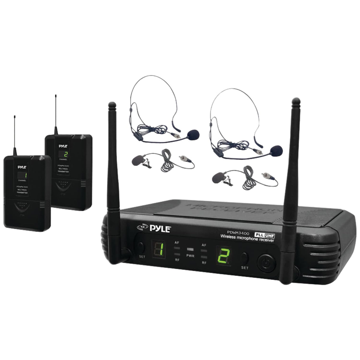 Pyle Premier Series Professional UHF Wireless Microphone System with 2 Body Packs, 2 Lavaliers, and 2 Headsets