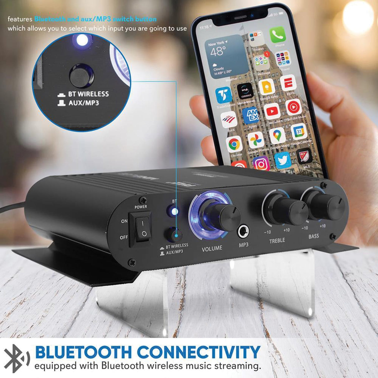 Pyle 90-Watt-Peak 2.0-Channel Class-T Mini Amplifier with Bluetooth, Mic Input, Aux, and AC Adapter, PFA330BT
