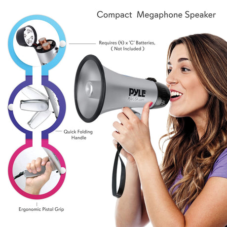 Pyle Battery-Operated Compact and Portable Megaphone Speaker with Siren Alarm Mode, Silver
