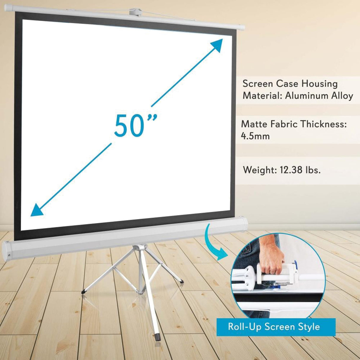 Pyle Floor-Standing Portable Tripod Manual Projector Screen, 50 In.