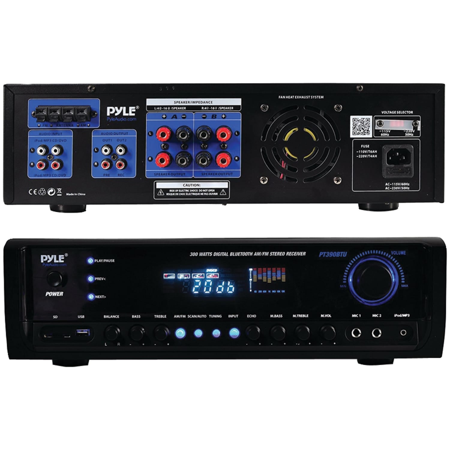 Pyle 4-Channel 300-Watt-Max Bluetooth Amplifier/Receiver with 2 Mic Inputs, AM/FM Radio, USB, SD, Aux, and Remote, PT390BTU
