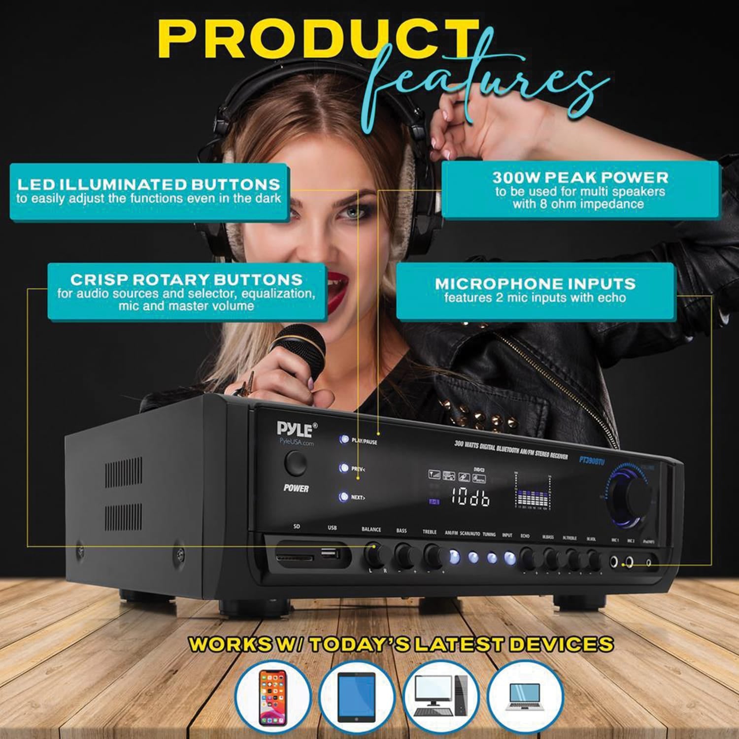 Pyle 4-Channel 300-Watt-Max Bluetooth Amplifier/Receiver with 2 Mic Inputs, AM/FM Radio, USB, SD, Aux, and Remote, PT390BTU